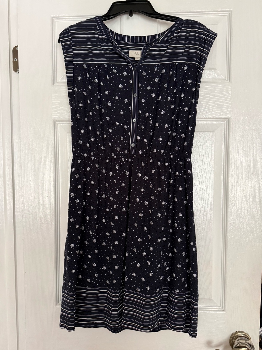 LOFT Navy and White Floral-Print Midi Dress petite
